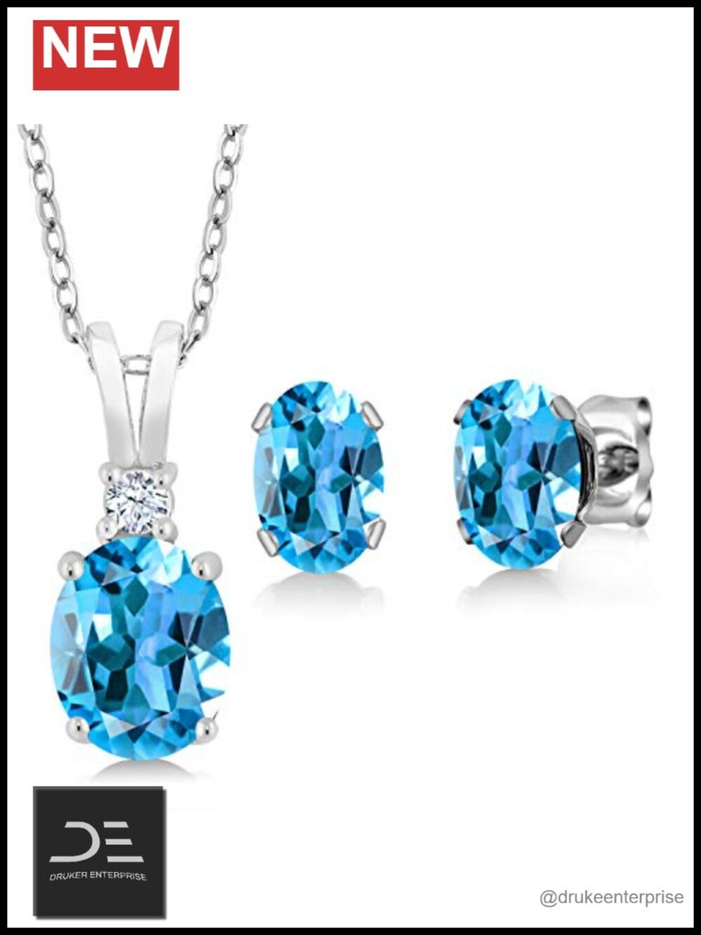 Sterling Silver Swiss Blue Topaz Pendant & Earrings Set 3.55 Ct for Women